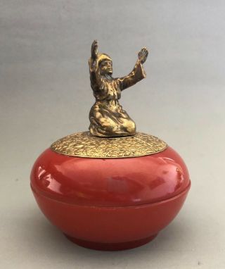 Antique German Porcelain & Bronze Figure Box Signed Man Praying