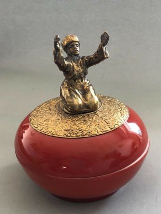 Antique German Porcelain & Bronze Figure Box Signed Man Praying 3
