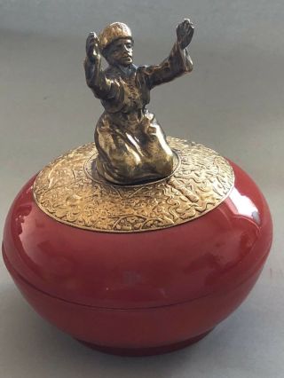 Antique German Porcelain & Bronze Figure Box Signed Man Praying 8