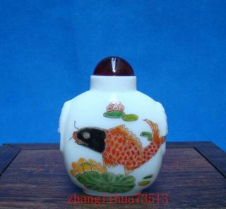 Collectible Handmade Carving White Jade Snuff Bottles Fish