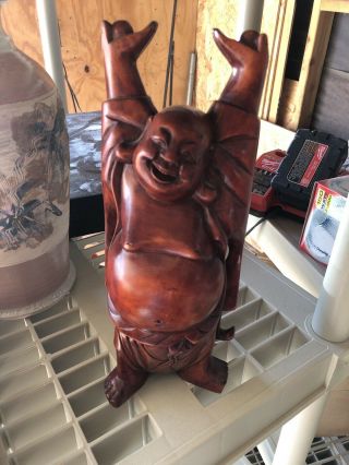 A Chinese Wood Carving Happy Laughing Buddha Statue 12” High