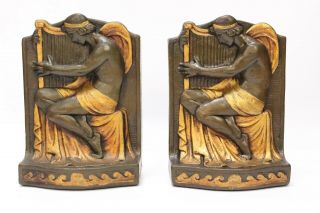 Set Of 2 Vintage Armor Bronze 1922 Bookends - Harp Player 7 " York City