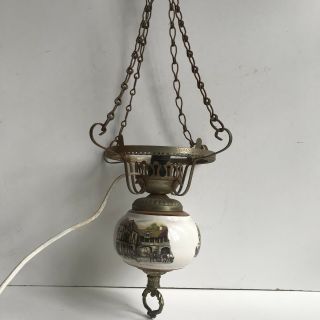 Rare Vintage Sadler Hanging Lamp Old Coach House Brass Ceramic Electric Light