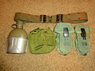 Us Army Military Alice Web Pistol Belt (2) Ammo Pouchs Canteen W/ Cup