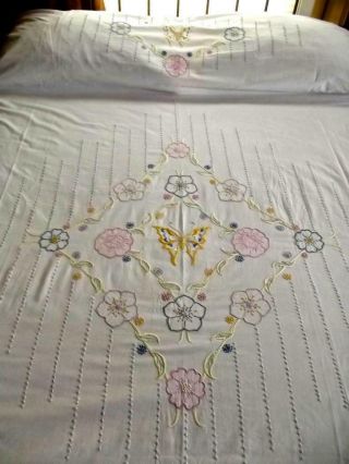 Antique Hand Embroidered Cotton Cottage Bedspread Flowers Butterflies 72x90 Twin