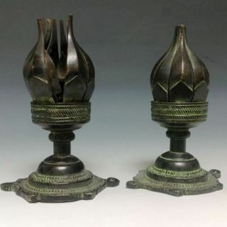 A Pair Rare Old Chinese Bronze Lotus Lamp Oil Lamp