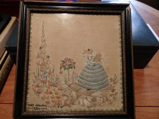 Vintage 1930 Art Deco Framed Embroidered Picture Of Crinoline Lady In Garden