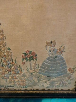 VINTAGE 1930 ART DECO FRAMED EMBROIDERED PICTURE OF CRINOLINE LADY IN GARDEN 2