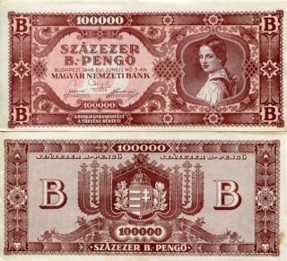 1946 Hungary Ef Xf 100000 B - Pengo Bilpengo Hyperinflation Misaligned Error Note