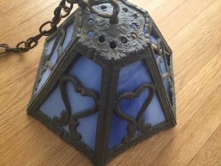 Antique Hearts Design Blue Slag Glass Hanging Lamp Shade Light Fixture W/chain