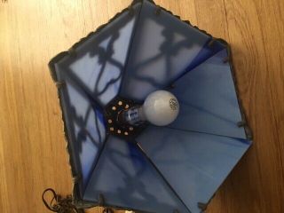 Antique Hearts Design Blue Slag Glass Hanging Lamp Shade Light Fixture w/Chain 4