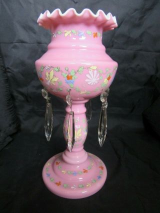Antique Pink Satin & Hand Painted Enamel Luster Lamp W/ (7) Prisms Marked " 16 "