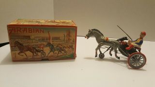 West German Marx ? Key Wind Tin Horse Racing Arabian Sulky Box Car Toy