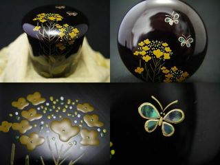 Japanese Lacquer Wooden Tea Caddy Butterfly At Rape Blossom Makie Natsume (412)