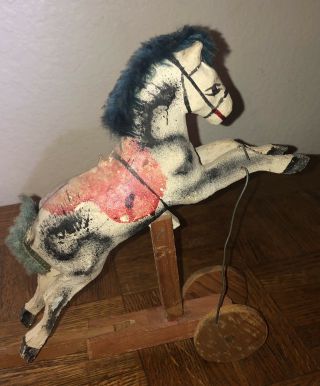 Vintage Antique Primitive Folk Hobby Horse Stick Pull Ride On Toy Wheels Wood