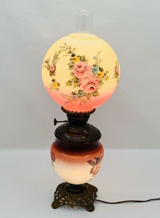 Antique Oil Gone With The Wind Banquet Parlor Lamp Hand Painted 3 Way Light