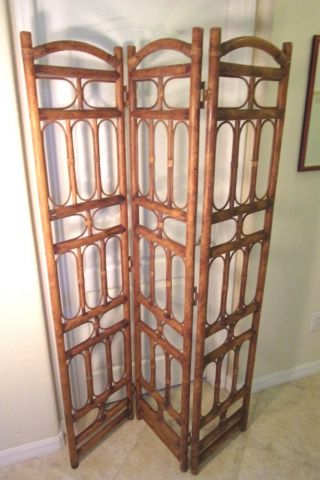 Vintage Mid Century Three Panel Rattan Bamboo Wicker Room Divider