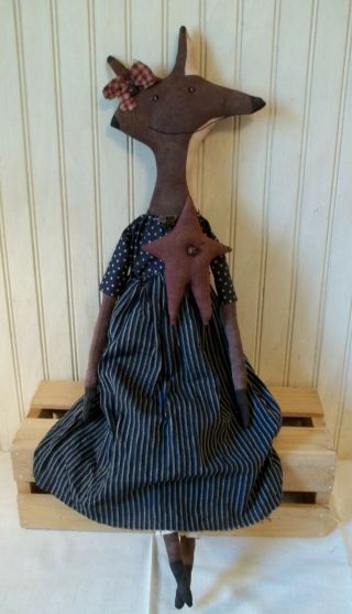 Primitive Grungy Tall Americana Lady Fox Doll & Her Patriotic Star