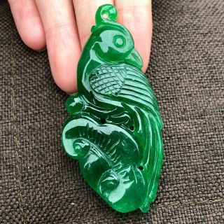 Chinese Collectible Natural Green Jadeite Jade Handwork Bird & Ruyi Rare Pendant
