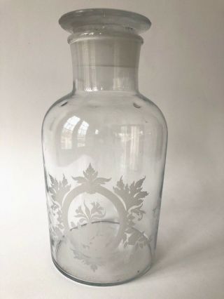 Vintage Glass Apothecary Bottle Jar W Lid Etched Embossed Frosted Floral 8 1/2 "