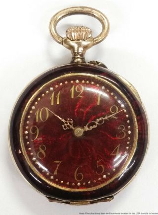 Antique 14K Yellow Gold Diamond Rose Cut Fleur de Lis Red Enamel Pocket Watch 2