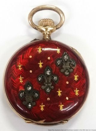 Antique 14K Yellow Gold Diamond Rose Cut Fleur de Lis Red Enamel Pocket Watch 4