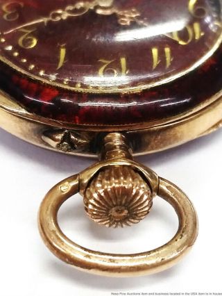 Antique 14K Yellow Gold Diamond Rose Cut Fleur de Lis Red Enamel Pocket Watch 8