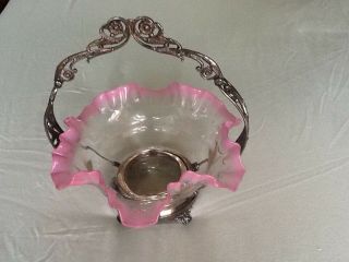 Brides Basket Pink Ribbon Glass Bowl Antique Victorian Wedding Candy Dish