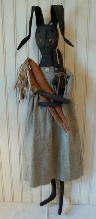 Primitive Grungy Tall Black Momma Rabbit Doll With Her Baby Bunny & Carrots