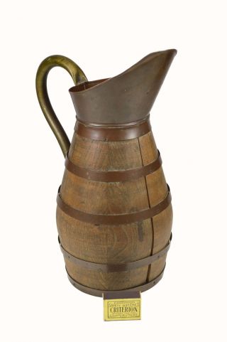 Big Antique Staved Oak 15 1/4 " Copper Bound Oak Wine Or Cider Jug,  Flemish.