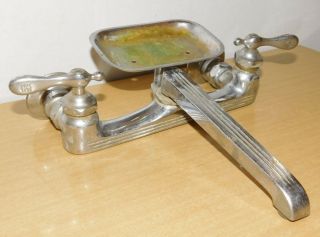 Vintage Art Deco Burlington Chrome Over Brass Mixing Faucet W Attached Soap Dish