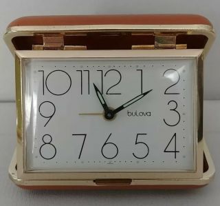Vintage Bulova Wind Up Travel Alarm Clock Brown Clamshell Case Made In Japan