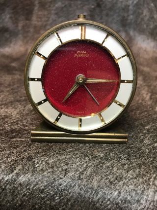 Vintage Brass Wind Up Travel Alarm Clock.  Swiss 11 Jewels By Cyma Amic Watch Co. 8