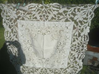 A Gorgeous White Linen Cut Work Embroidered Tablecloth 48 " Square