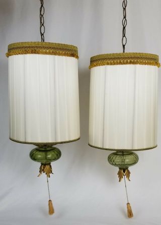 Mid - Century Hanging Swag Lamp Light Shade Pair Hollywood Regency Vintage