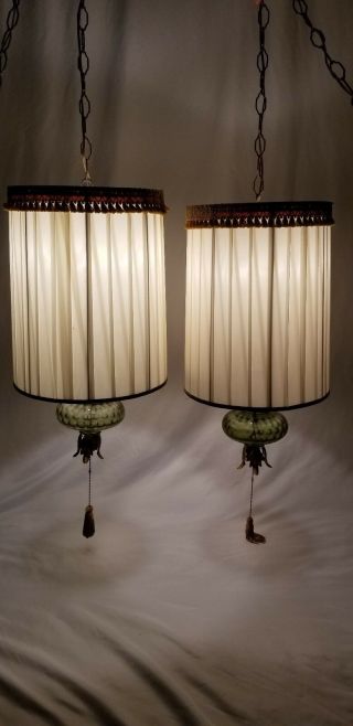 Mid - Century hanging swag lamp light shade pair Hollywood regency vintage 2