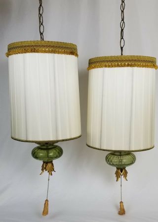 Mid - Century hanging swag lamp light shade pair Hollywood regency vintage 3