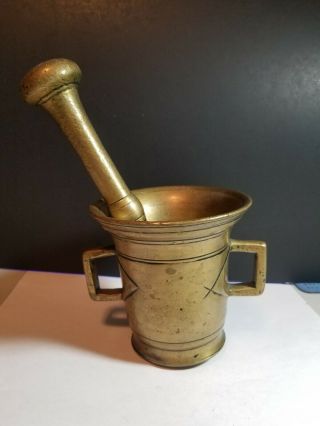 Antique Solid Brass Mortar And Pestle Apothecary Herb And Spice Grinder