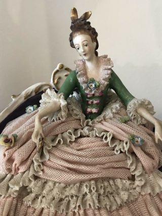 Antique DRESDEN LACE FIGURINE LADY ON COUCH /SOFA 2