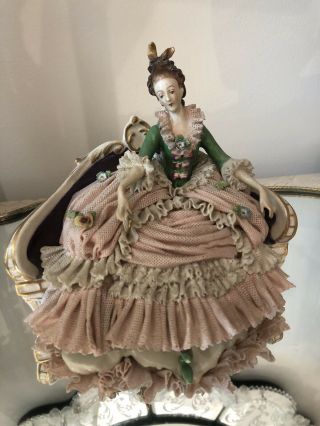 Antique DRESDEN LACE FIGURINE LADY ON COUCH /SOFA 8