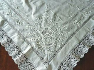 Antique White Linen Hand Embroidered & Drawn Fabric With Bobbin Lace Tablecloth