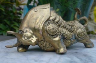 Vintage Mid Century Chinese Bronze Zodiac Money Bull Sculpture Signed Mcm Chic