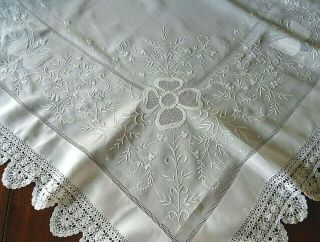 Antique White Linen Hand Embroidered & Drawn Thread Lace Tablecloth