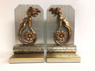 Pair Art Deco Mermaid Bookends - Machine Age - Aluminum And Bronze