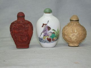 3 Vintage Chinese Snuff Bottles Cinnabar/porcelain
