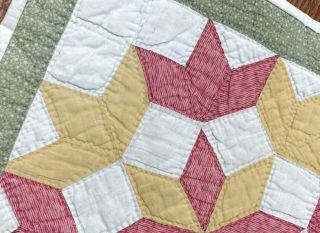 Pink Yellow Green c 1900 Antique Carpenter ' s Star QUILT Table Runner 50 x 15 4