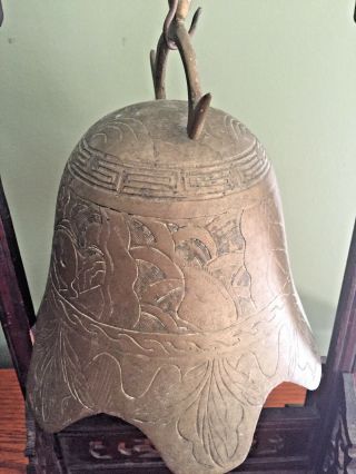 Antique Chinese Carved Rosewood & Etched Brass Pagoda Temple Bell 2