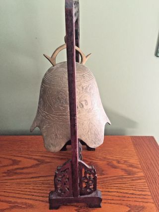 Antique Chinese Carved Rosewood & Etched Brass Pagoda Temple Bell 5