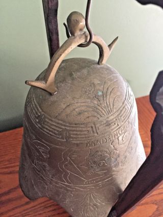 Antique Chinese Carved Rosewood & Etched Brass Pagoda Temple Bell 8