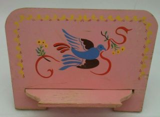 Wooden Cookbook Book Holder Vintage Primitive Folk Art Cottage Hp Pink W/ Bird